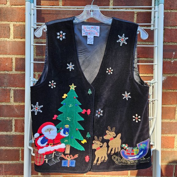 Tantrums black vest christmas  tree reindeer santa sleigh velour front Sz Small - Picture 1 of 7